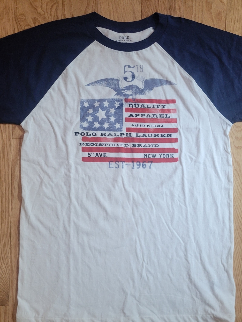 NWT Ralph Lauren White Tee with Navy Raglan Sleeves and Flag Graphic, Size XL